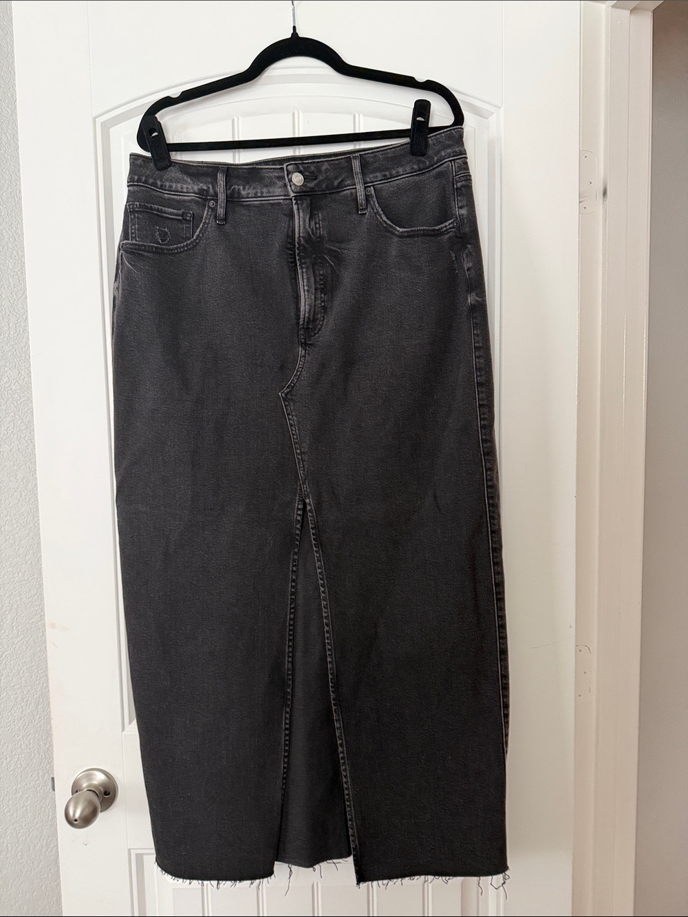 Express Black Pencil Midi Denim Skirt with Front Slit
